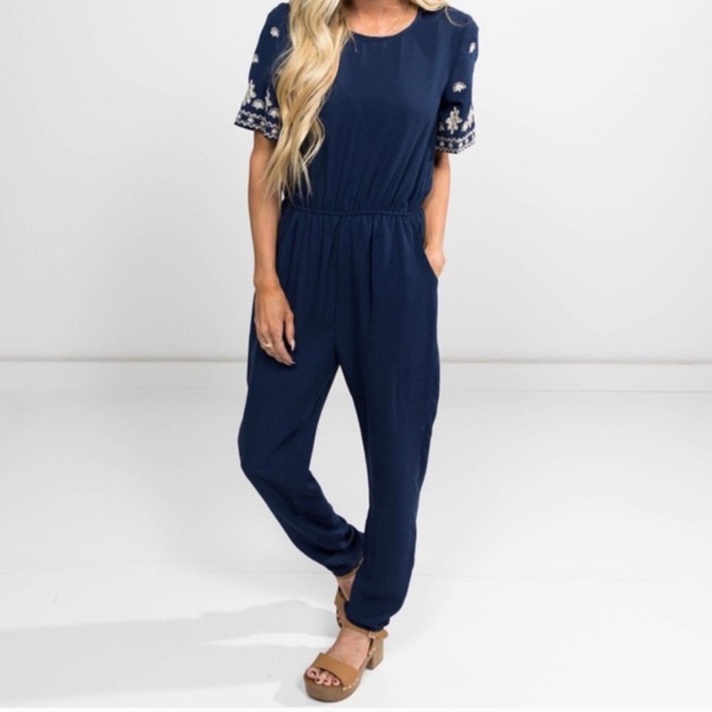 Stevie Hender | Embroidered Navy Jumpsuit - Picture 1 of 8